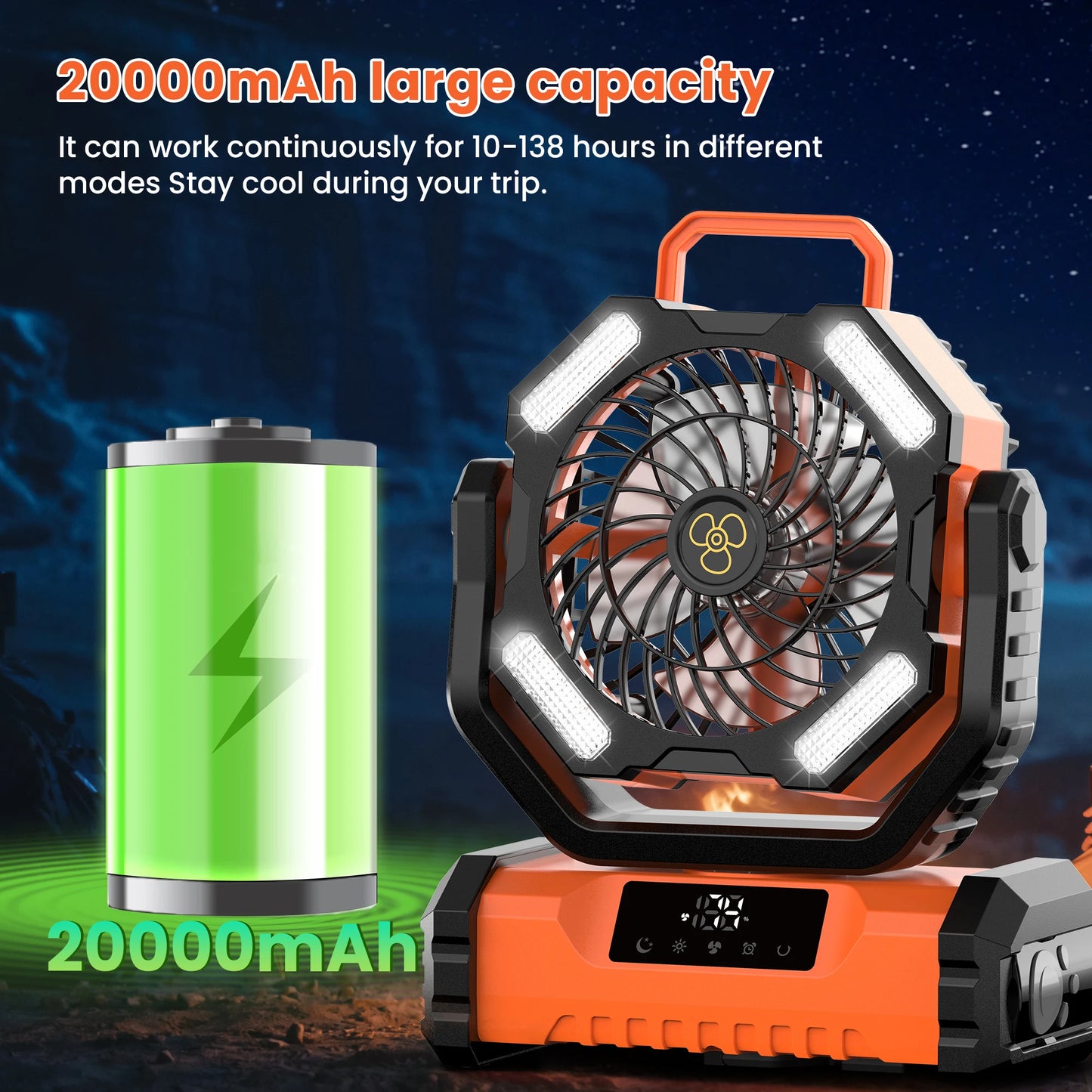 20000mAh LED Camping Fan with Touch Control, 5-Speed USB Rechargeable