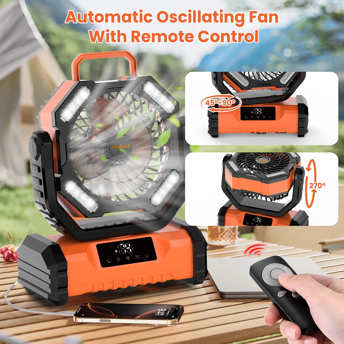 20000mAh LED Camping Fan with Touch Control, 5-Speed USB Rechargeable