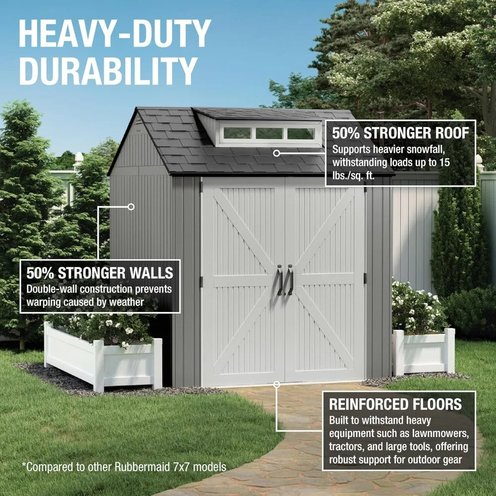Weatherproof Gray Outdoor Storage Shed with Floor, 7x7 Feet, Ideal for Home, Backyard, and Garden Tool Organization