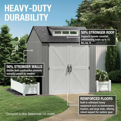 Weatherproof Gray Outdoor Storage Shed with Floor, 7x7 Feet, Ideal for Home, Backyard, and Garden Tool Organization