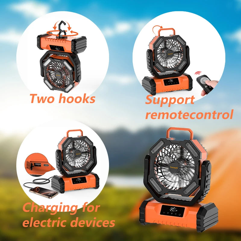 20000mAh LED Camping Fan with Touch Control, 5-Speed USB Rechargeable