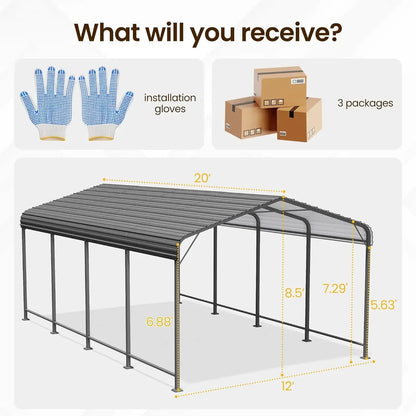 12x20FT Metal Heavy Duty Carport Canopy with Reinforced Frame and Base for All-Weather