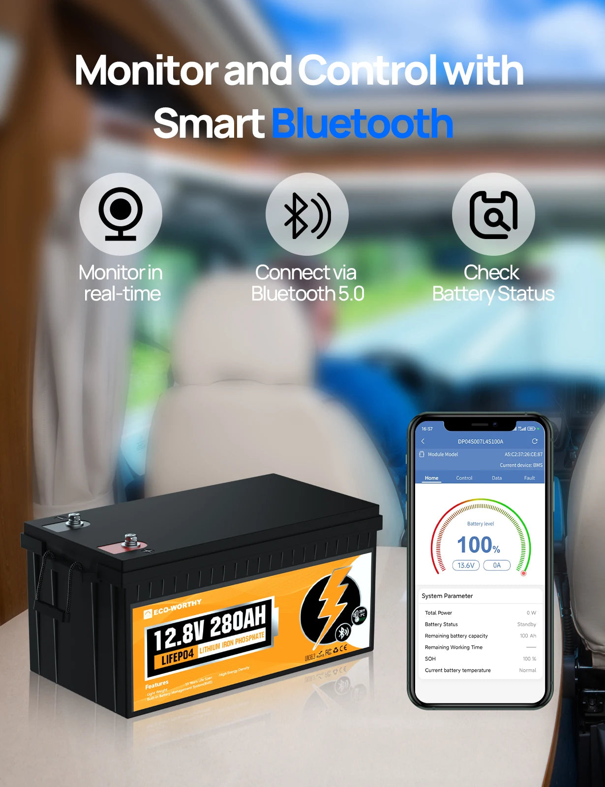 ECO-WORTHY 3584Wh 12V 280Ah LiFePO4 RV Battery w/Bluetooth