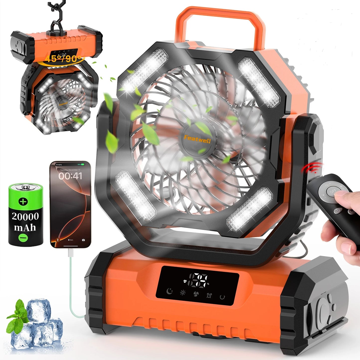 20000mAh LED Camping Fan with Touch Control, 5-Speed USB Rechargeable