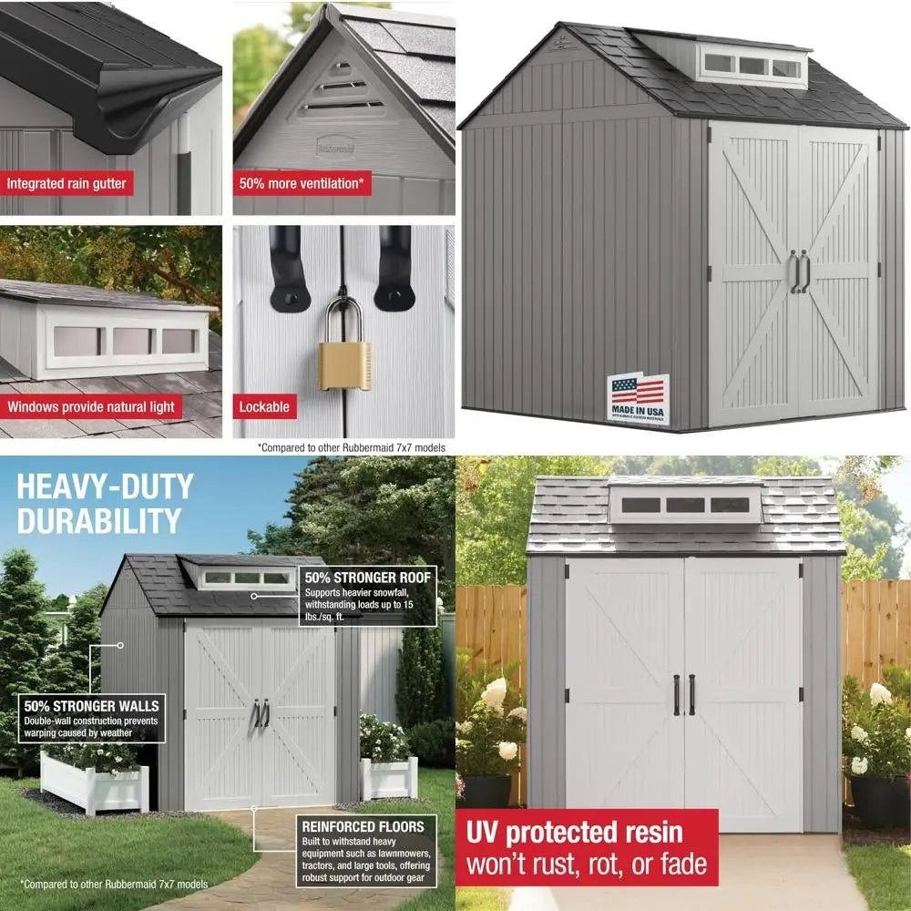 Weatherproof Gray Outdoor Storage Shed with Floor, 7x7 Feet, Ideal for Home, Backyard, and Garden Tool Organization