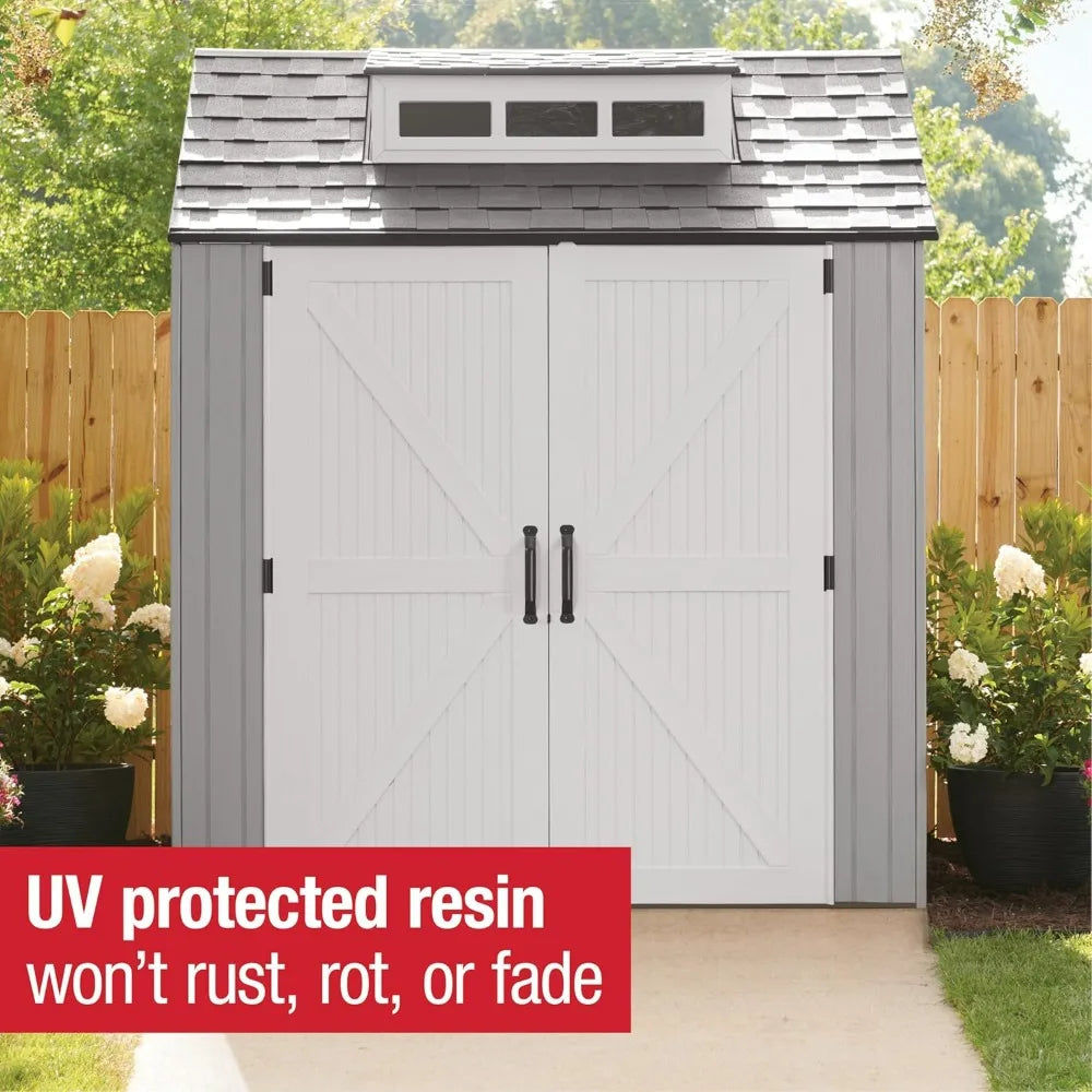 Weatherproof Gray Outdoor Storage Shed with Floor, 7x7 Feet, Ideal for Home, Backyard, and Garden Tool Organization