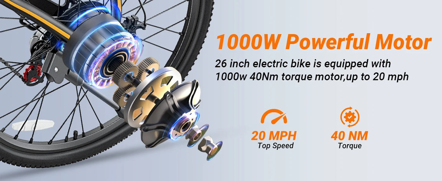 M26 Electric Bicycle Peak 1000W Motor 360WH Lithium Battery