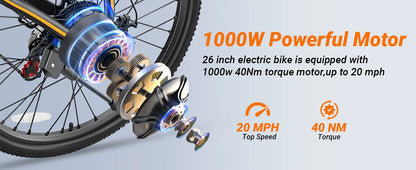 M26 Electric Bicycle Peak 1000W Motor 360WH Lithium Battery
