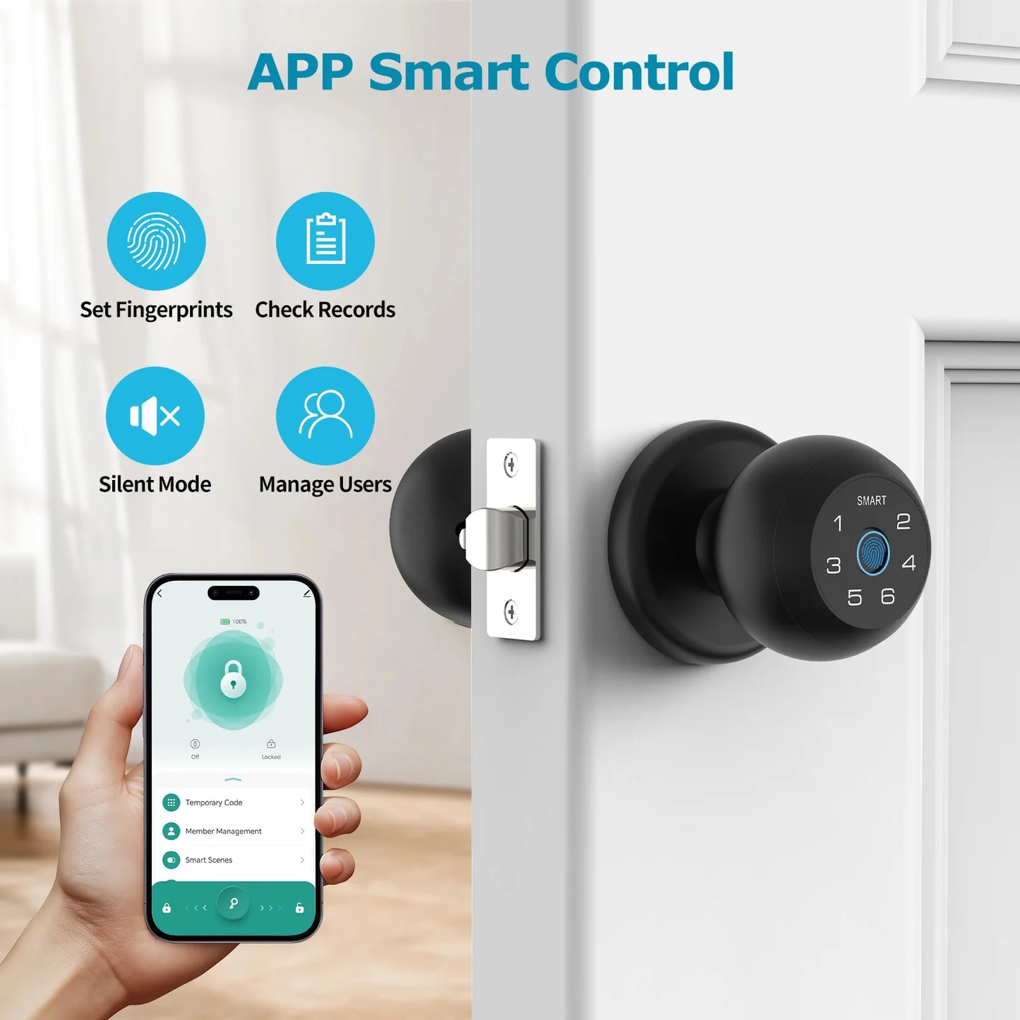 Ball-Shaped Smart Lock Fingerprint, App-Controlled, Passcode, Touch Pad