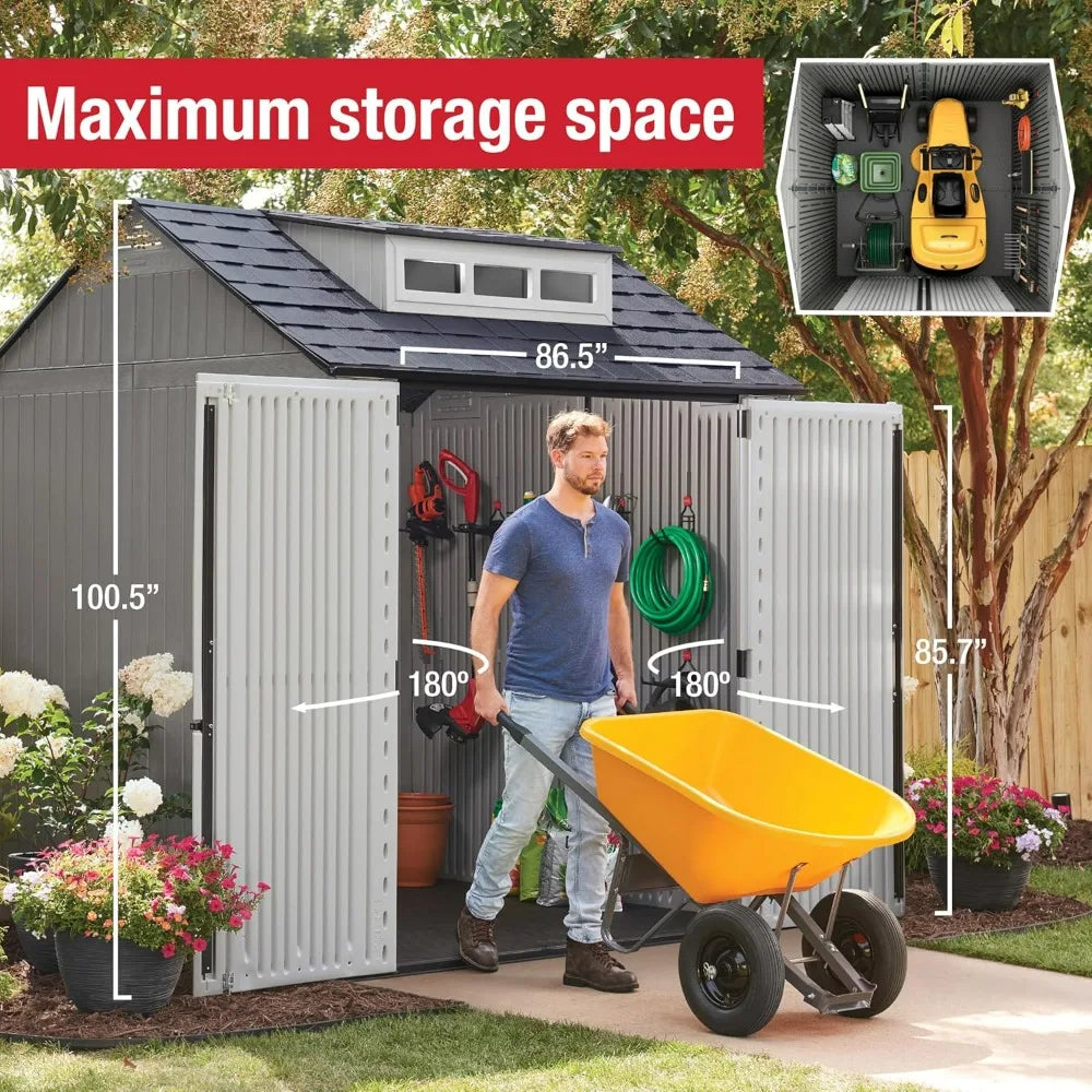 Weatherproof Gray Outdoor Storage Shed with Floor, 7x7 Feet, Ideal for Home, Backyard, and Garden Tool Organization