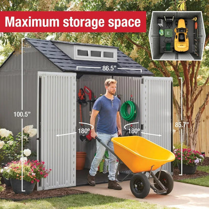 Weatherproof Gray Outdoor Storage Shed with Floor, 7x7 Feet, Ideal for Home, Backyard, and Garden Tool Organization